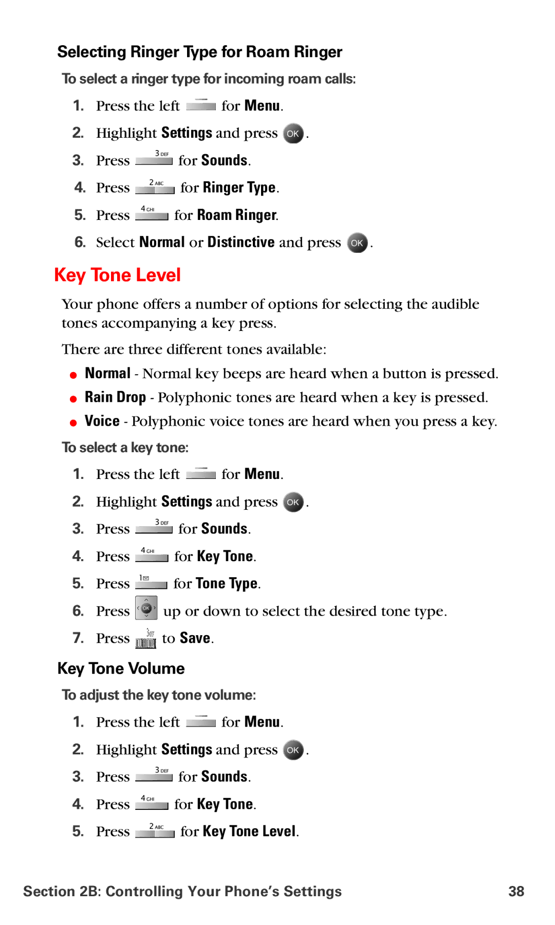 Samsung IP-A790 manual Selecting Ringer Type for Roam Ringer, Key Tone Volume, Press for Key Tone Level 