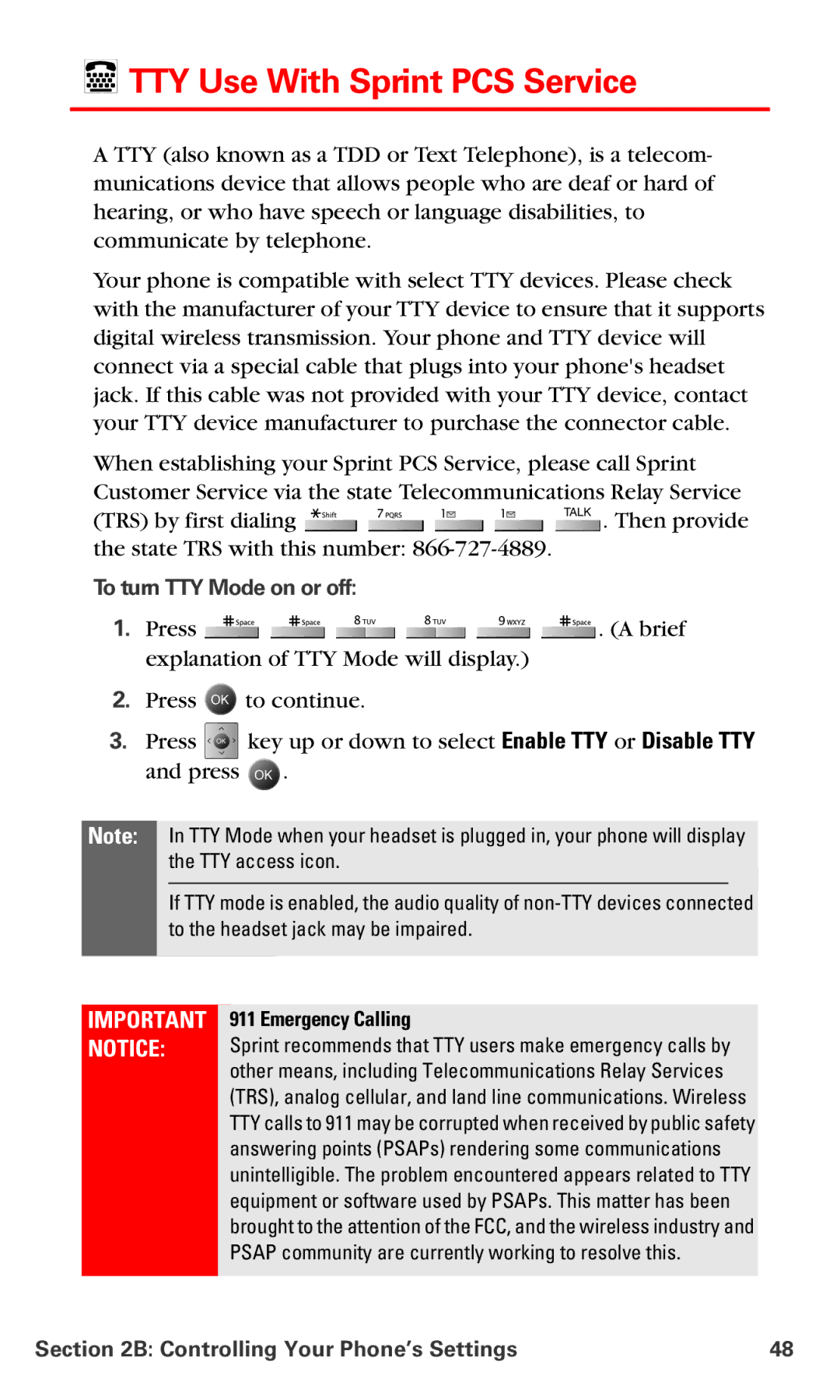 Samsung IP-A790 manual TTY Use With Sprint PCS Service, To turn TTY Mode on or off 