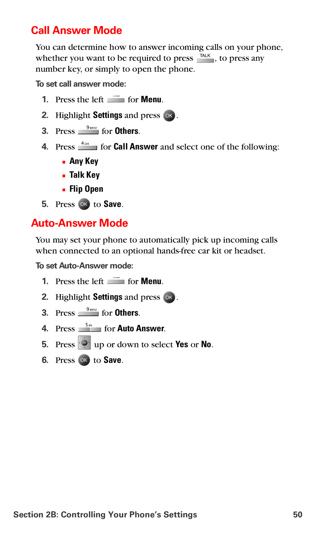 Samsung IP-A790 manual Call Answer Mode, Auto-Answer Mode,  Any Key  Talk Key  Flip Open, To set call answer mode 