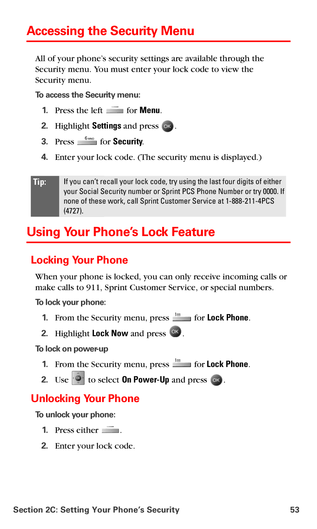 Samsung IP-A790 Accessing the Security Menu, Using Your Phone’s Lock Feature, Locking Your Phone, Unlocking Your Phone 