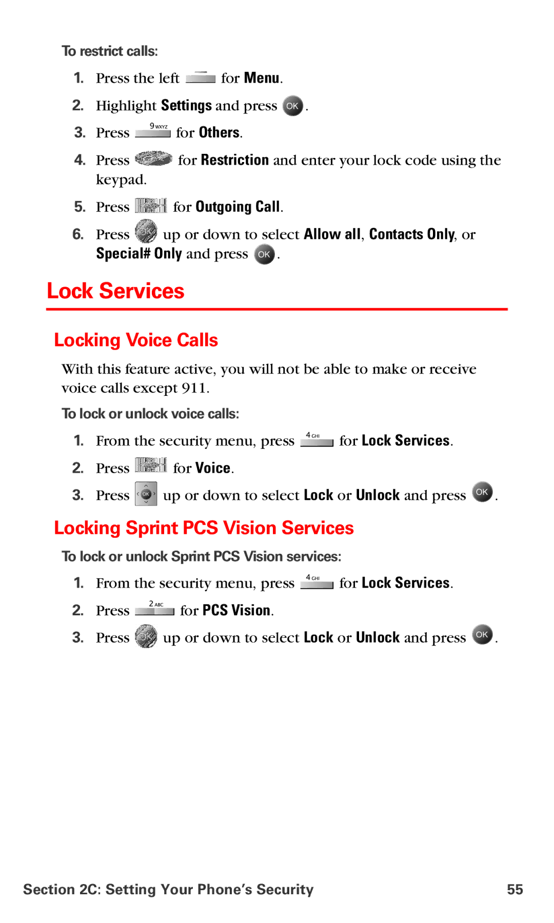Samsung IP-A790 manual Lock Services, Locking Voice Calls, Locking Sprint PCS Vision Services, Press for Outgoing Call 