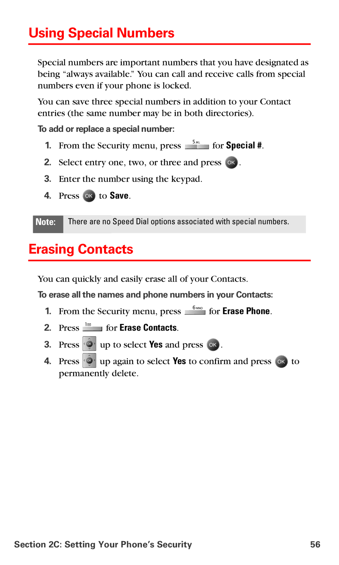 Samsung IP-A790 Using Special Numbers, Erasing Contacts, Press for Erase Contacts, To add or replace a special number 