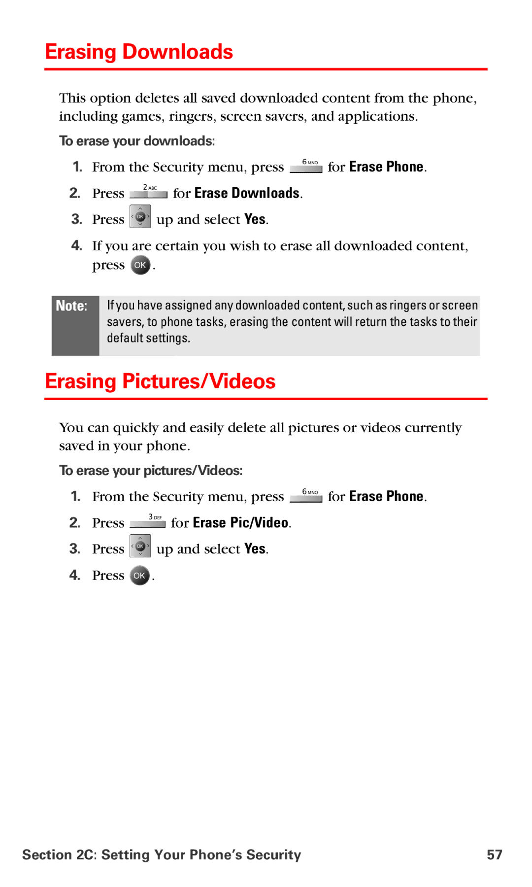 Samsung IP-A790 manual Erasing Downloads, Erasing Pictures/Videos, Press for Erase Downloads, Press for Erase Pic/Video 