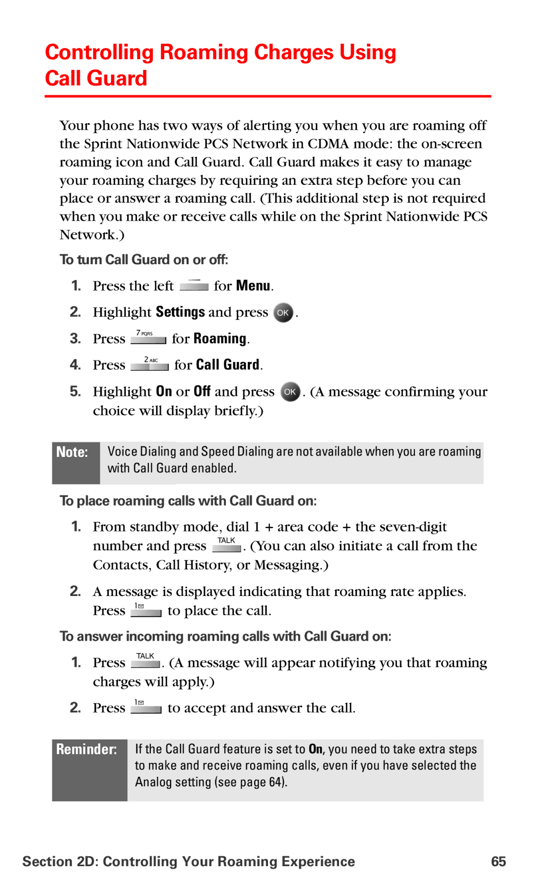 Samsung IP-A790 manual Controlling Roaming Charges Using Call Guard, To turn Call Guard on or off 