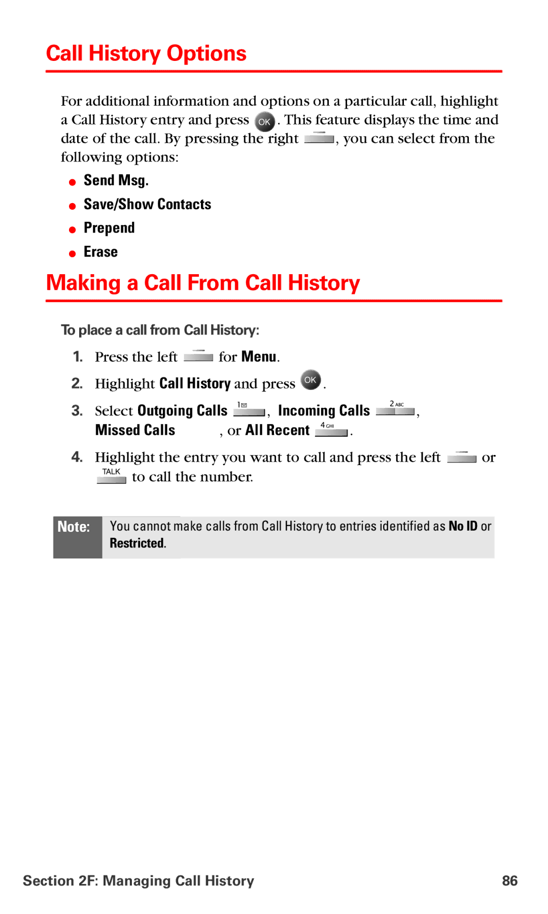 Samsung IP-A790 Call History Options, Making a Call From Call History,  Send Msg  Save/Show Contacts  Prepend  Erase 