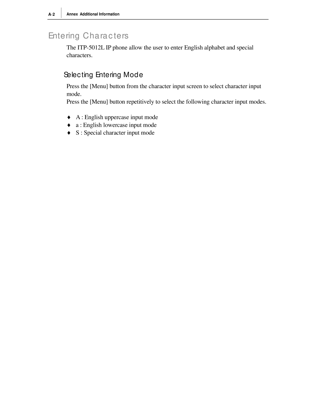 Samsung ITP-5012L manual Entering Characters, Selecting Entering Mode 