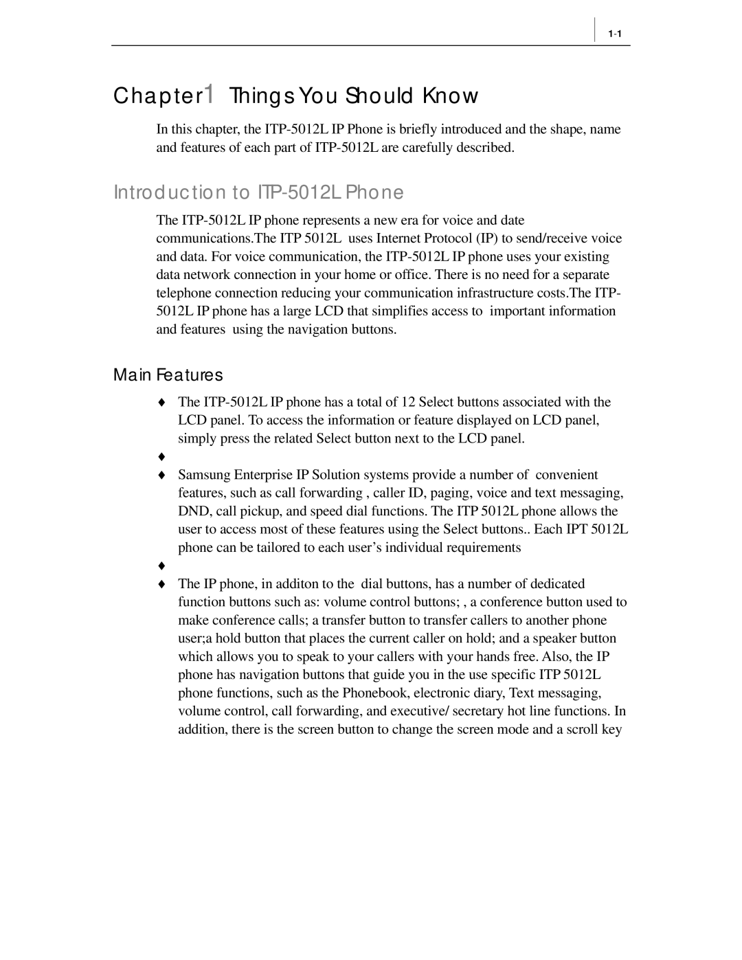 Samsung manual Introduction to ITP-5012L Phone, Main Features 