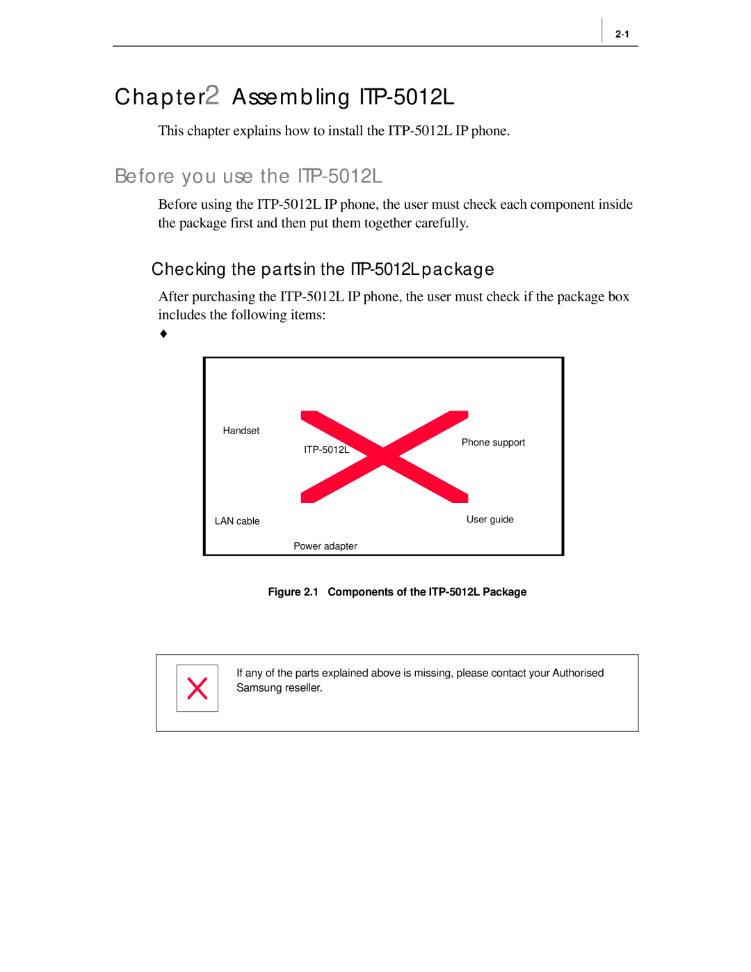 Samsung manual Before you use the ITP-5012L, Checking the parts in the ITP-5012L package 