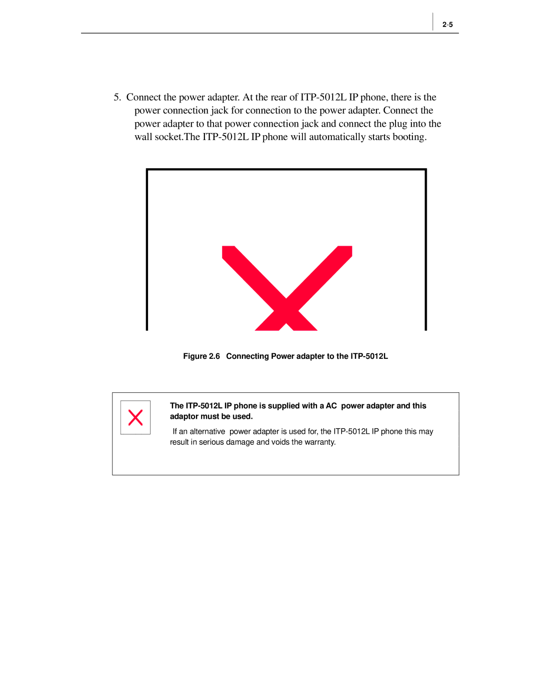 Samsung manual Connecting Power adapter to the ITP-5012L 