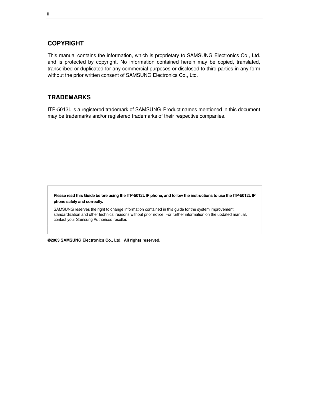 Samsung ITP-5012L manual Copyright Trademarks 