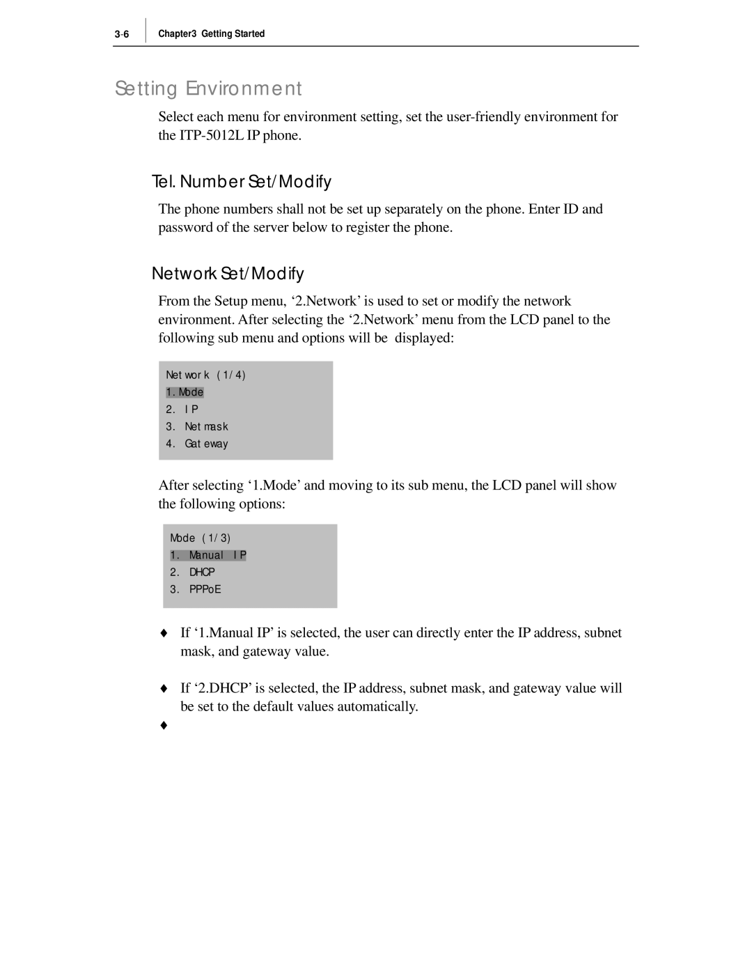 Samsung ITP-5012L manual Setting Environment, Tel. Number Set/Modify, Network Set/Modify 