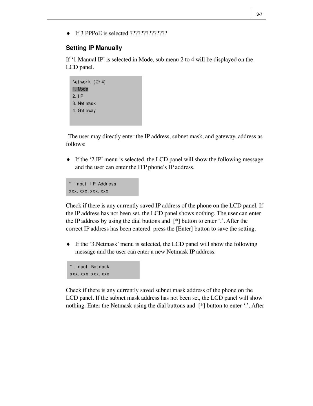 Samsung ITP-5012L manual Setting IP Manually 