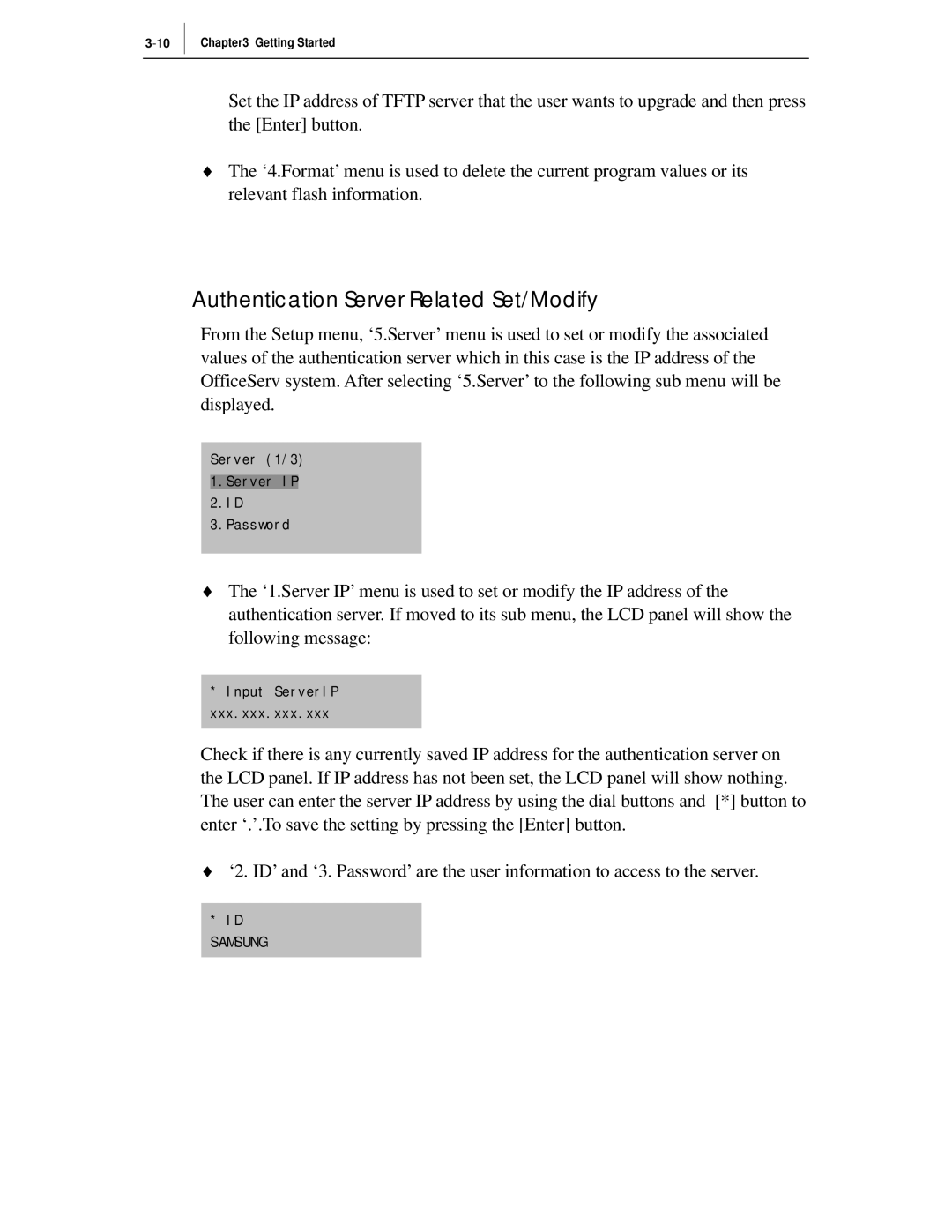 Samsung ITP-5012L manual Authentication Server Related Set/Modify 