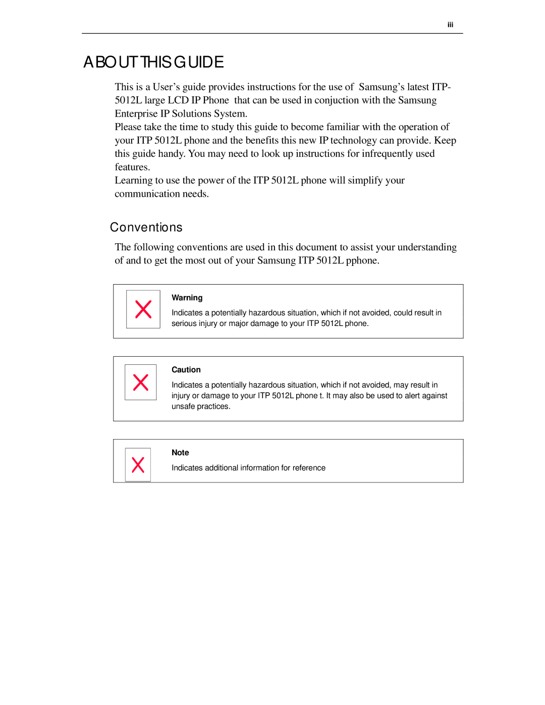 Samsung ITP-5012L manual About this Guide, Conventions 