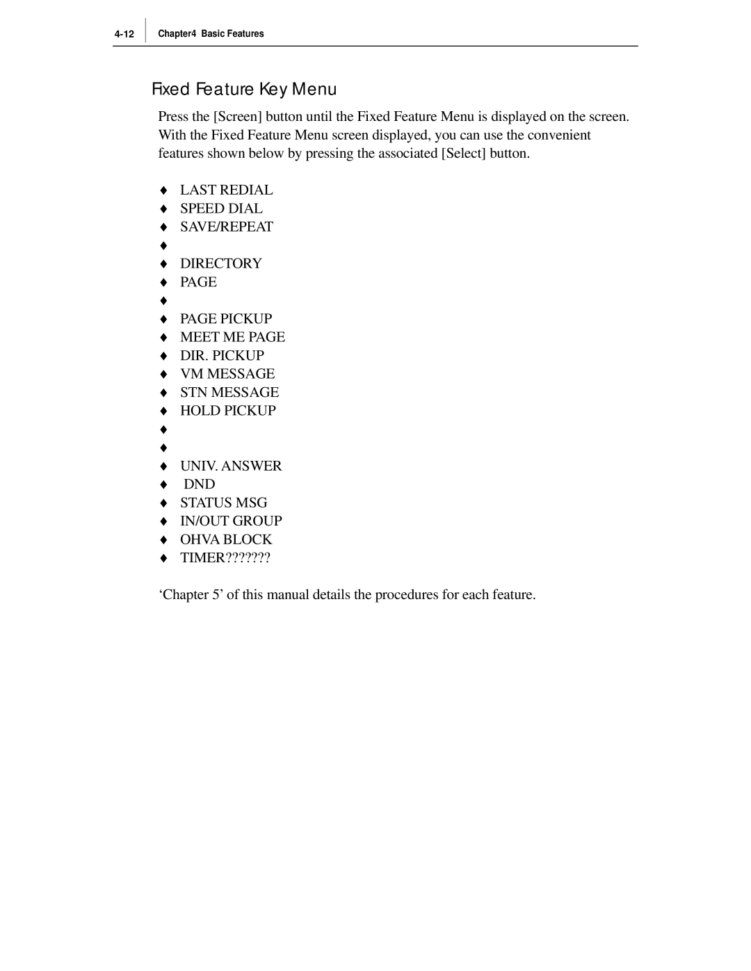 Samsung ITP-5012L manual Fixed Feature Key Menu 