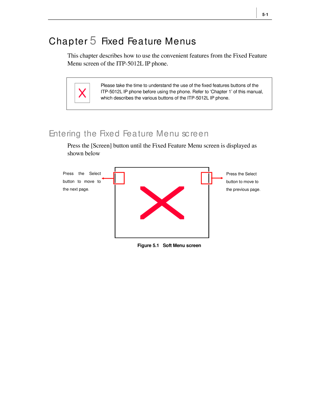 Samsung ITP-5012L manual Fixed Feature Menus, Entering the Fixed Feature Menu screen 