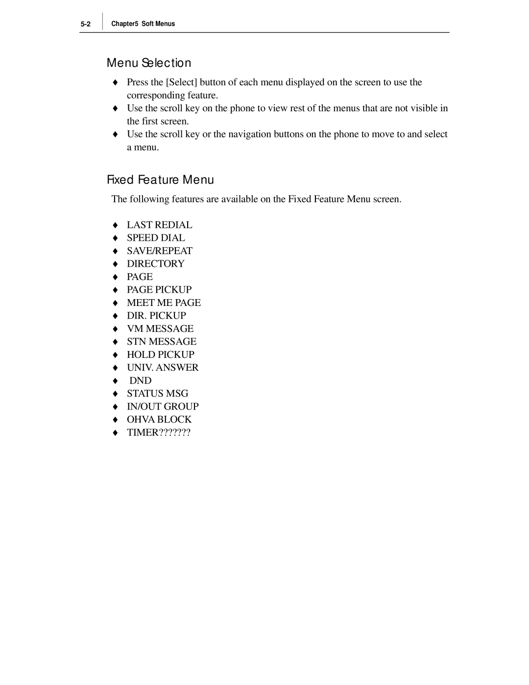 Samsung ITP-5012L manual Menu Selection, Fixed Feature Menu 