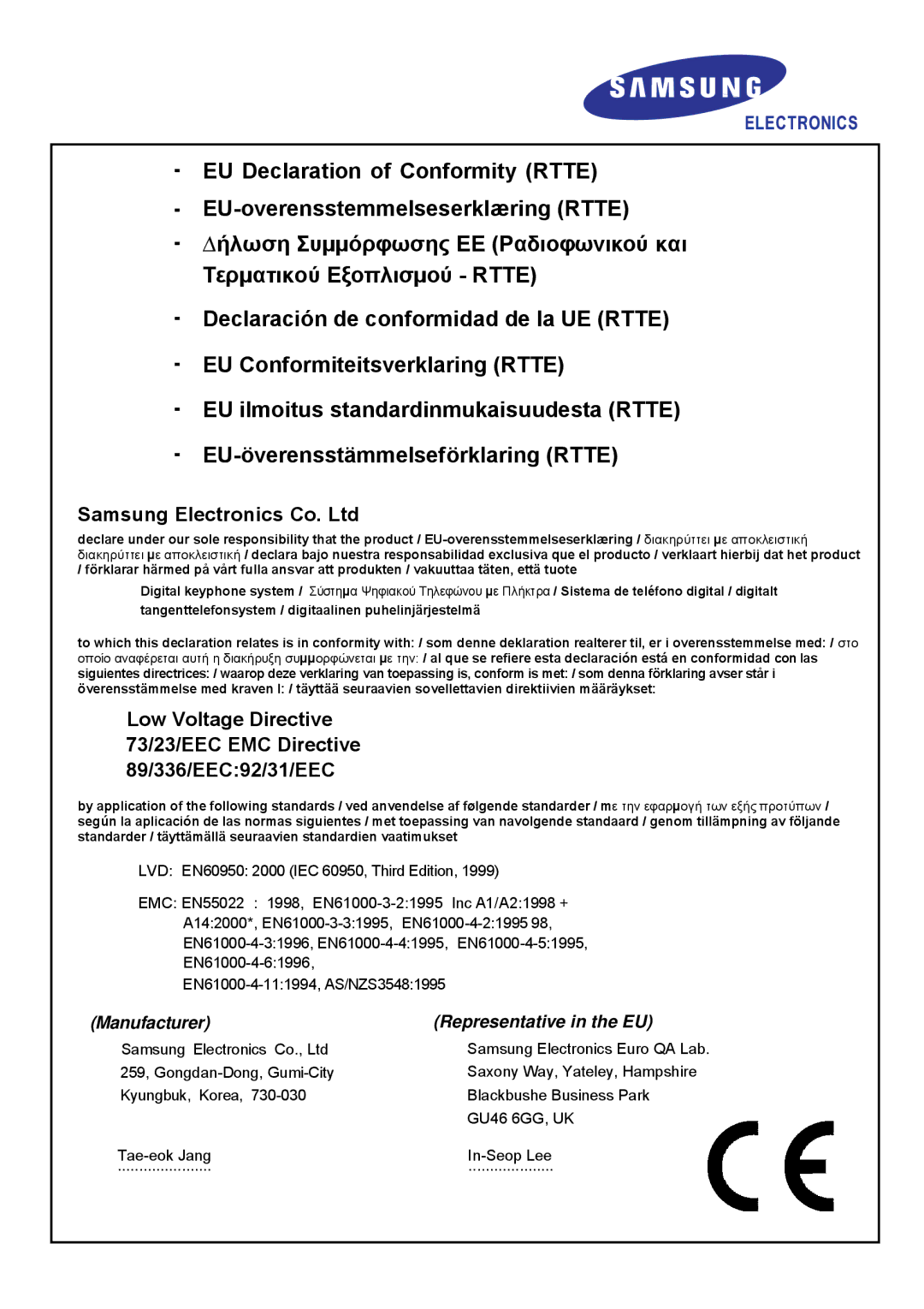 Samsung 5014S, ITP-5014D, DS-5014D, 5021D, 5038S manual Manufacturer Representative in the EU 