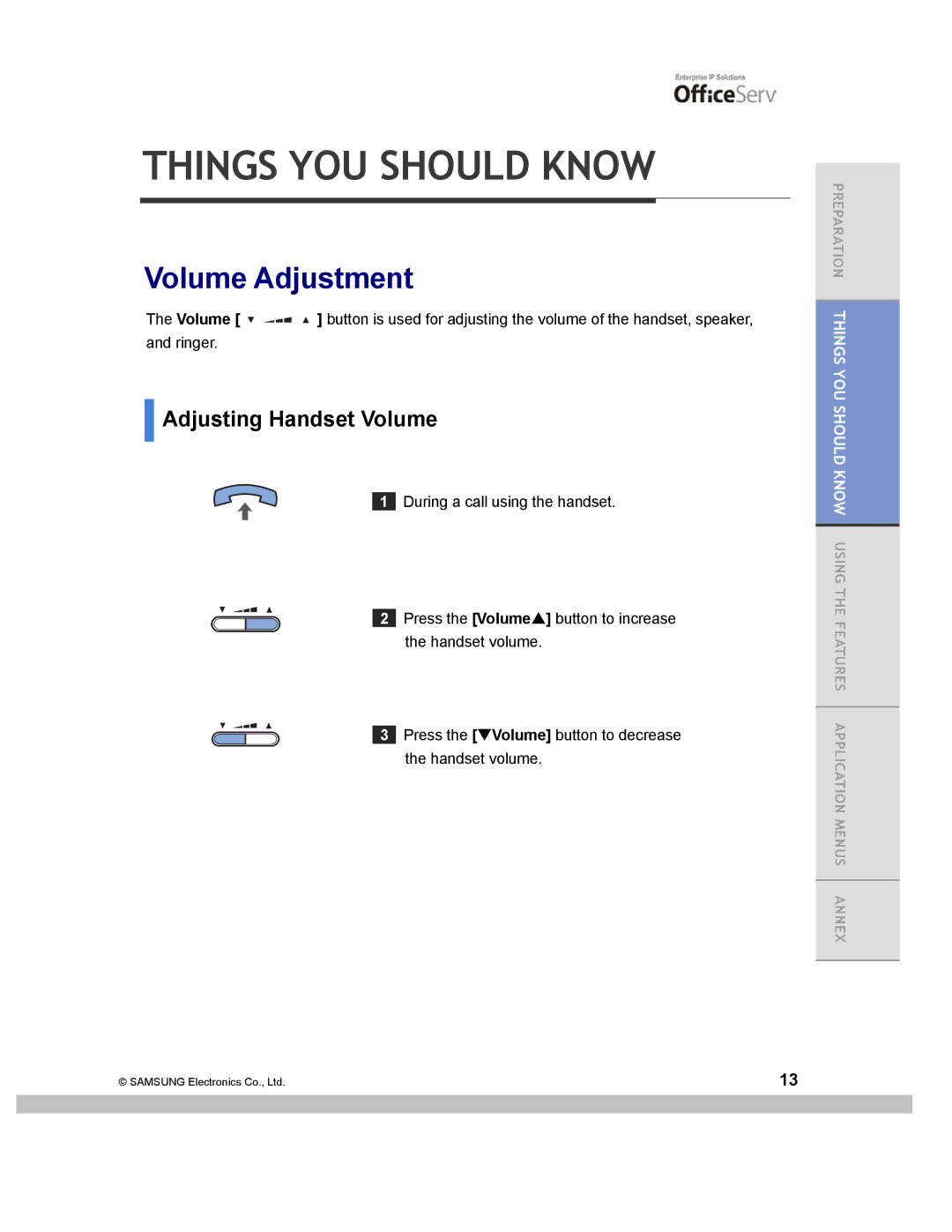 Samsung ITP-5014D manual Things YOU should Know, Volume Adjustment, Adjusting Handset Volume 