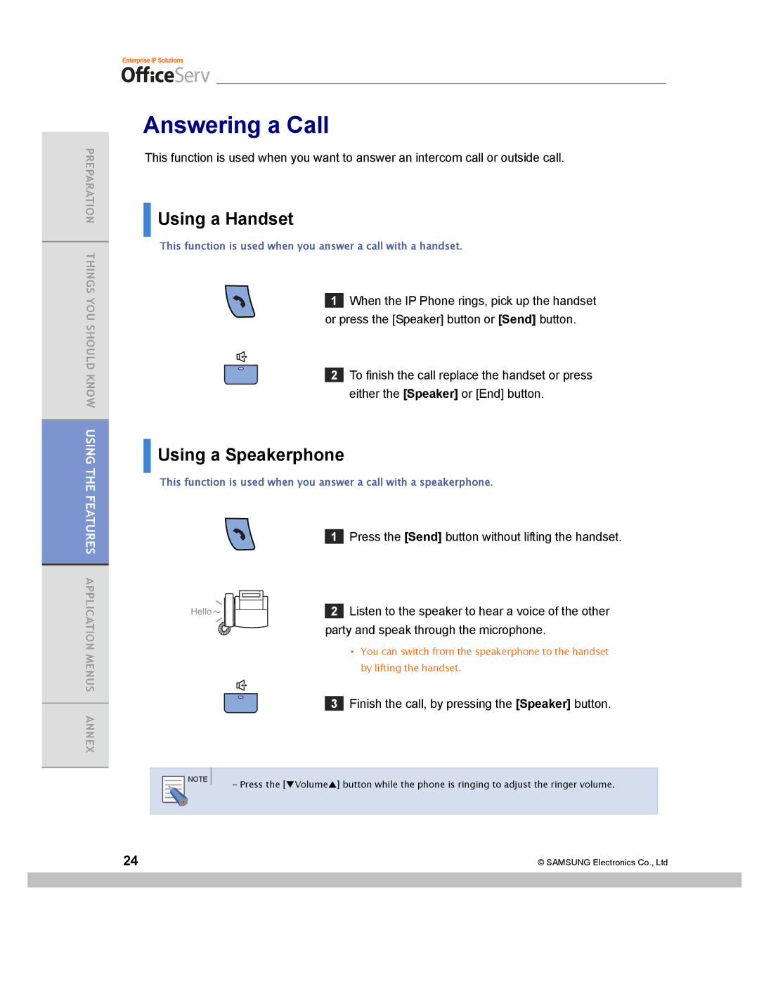 Samsung ITP-5014D manual Answering a Call, Using a Handset 