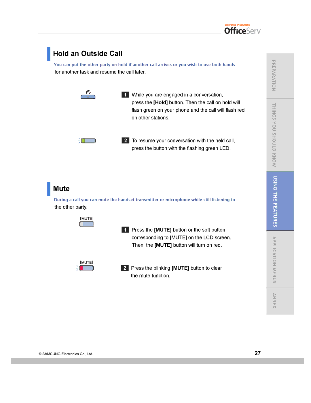 Samsung ITP-5014D manual Hold an Outside Call, Mute 