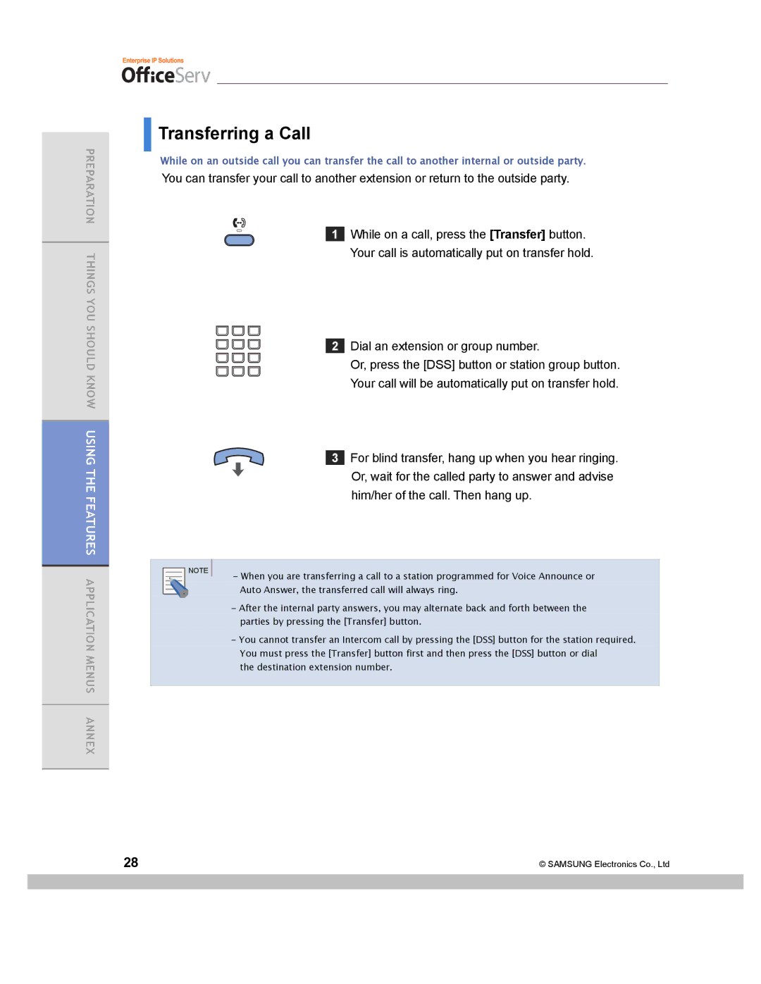 Samsung ITP-5014D manual Transferring a Call, Auto Answer, the transferred call will always ring 