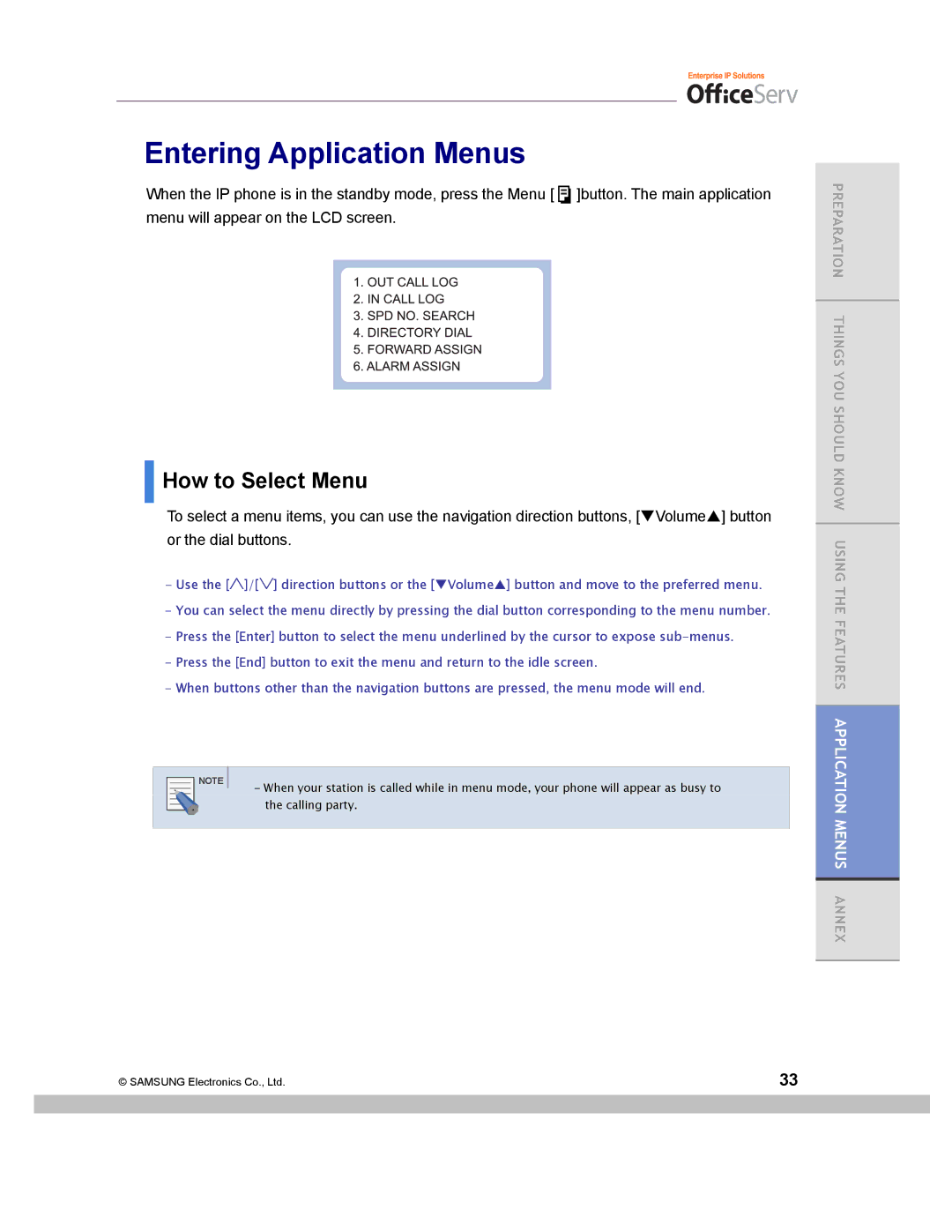 Samsung ITP-5014D manual Entering Application Menus, How to Select Menu 