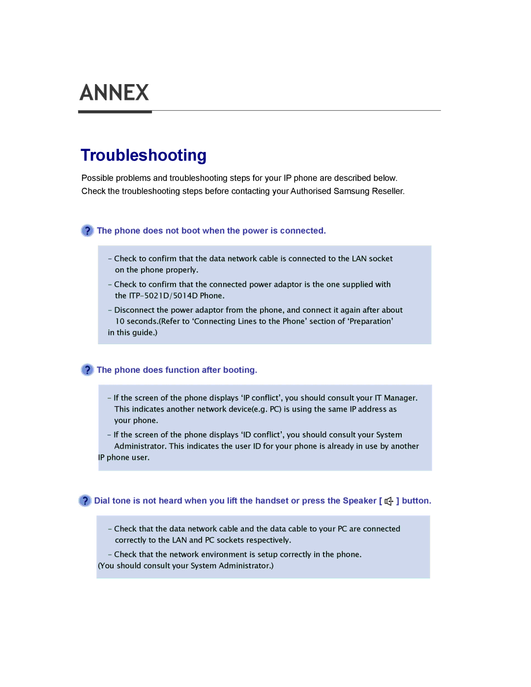 Samsung ITP-5014D manual Annex, Troubleshooting 