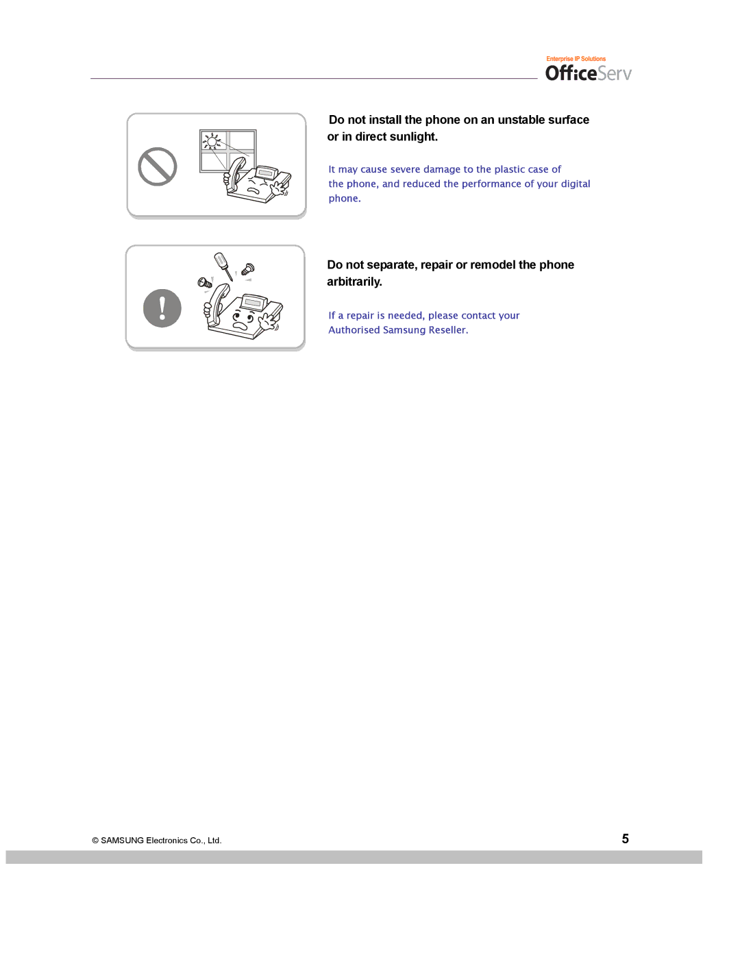 Samsung ITP-5014D manual Do not separate, repair or remodel the phone arbitrarily 