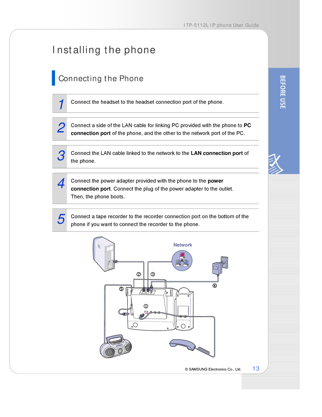 Samsung ITP-5112L manual Installing the phone, Connecting the Phone 