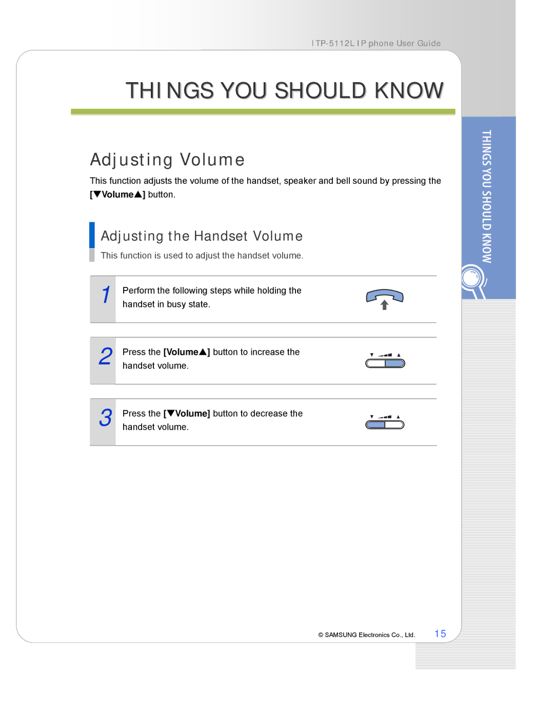 Samsung ITP-5112L manual Things YOU should Know, Adjusting Volume, Adjusting the Handset Volume 