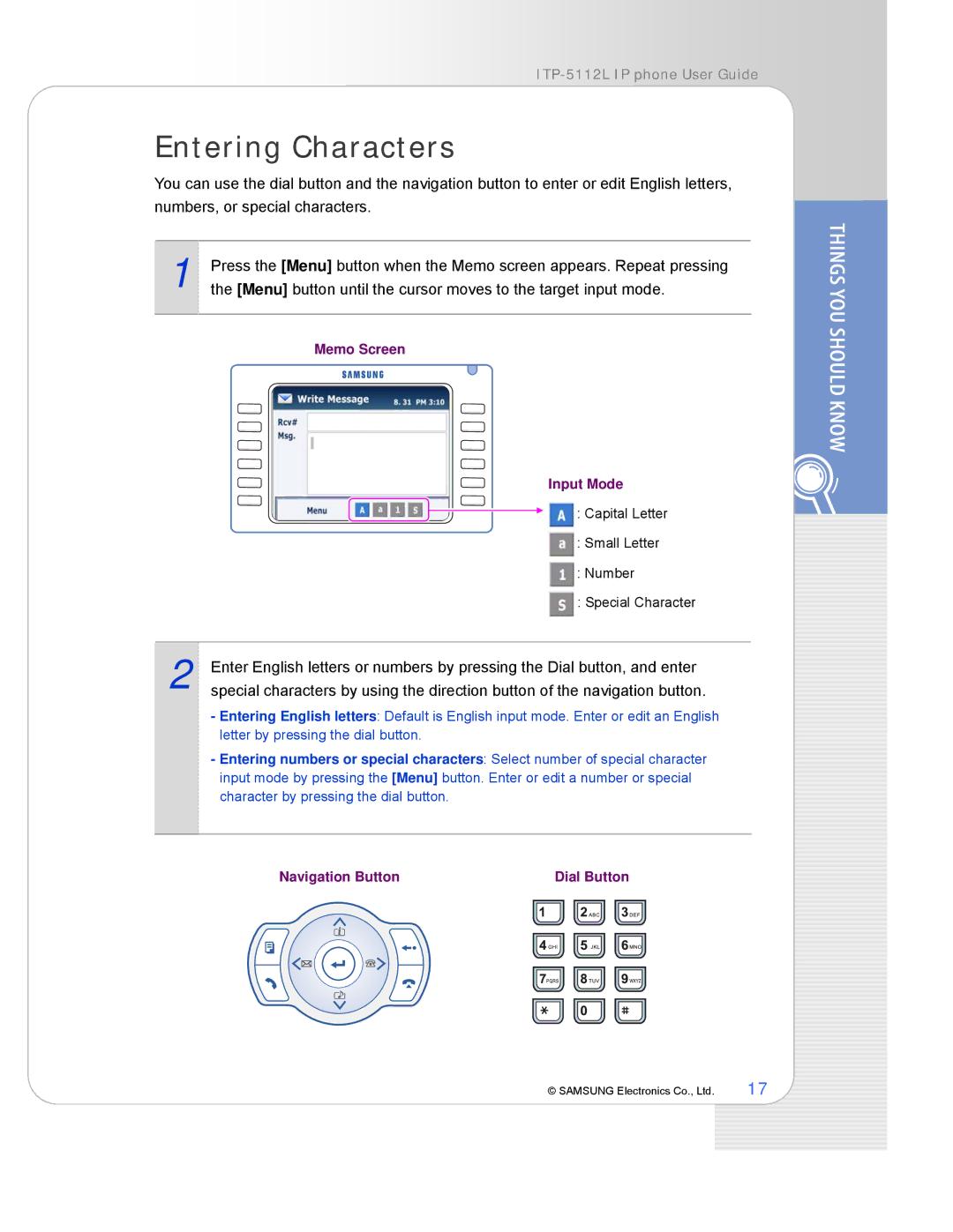 Samsung ITP-5112L manual Entering Characters 