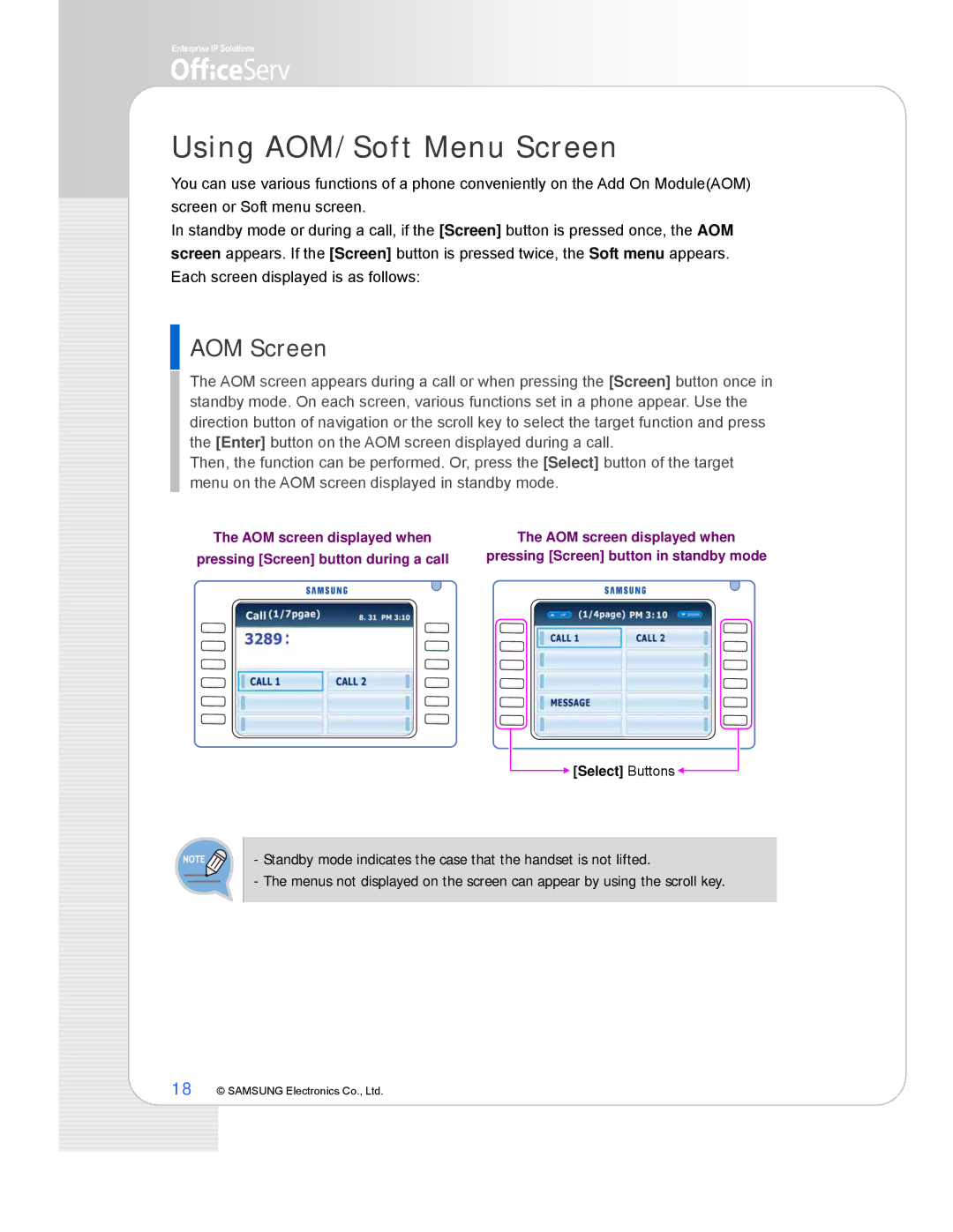 Samsung ITP-5112L manual Using AOM/Soft Menu Screen, AOM Screen 