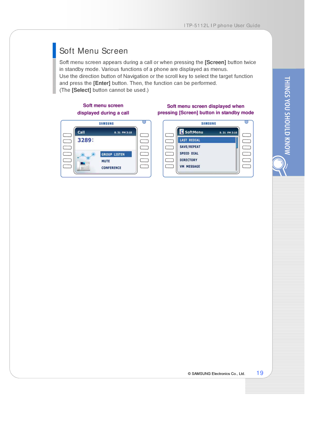 Samsung ITP-5112L manual Soft Menu Screen 