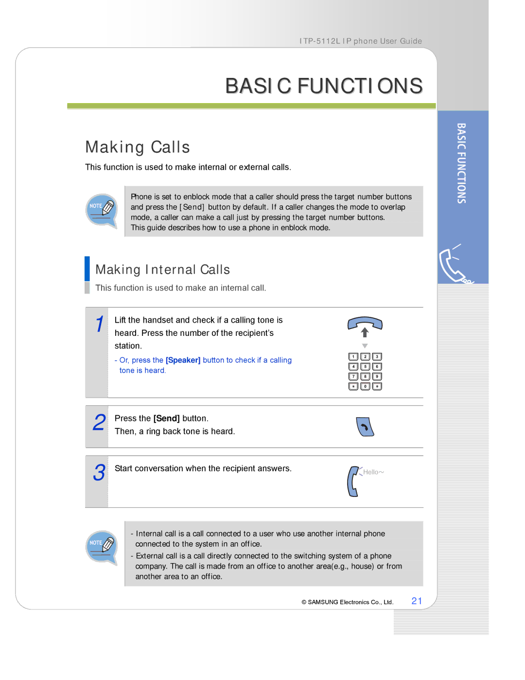 Samsung ITP-5112L manual Basic Functions, Making Calls, Making Internal Calls 