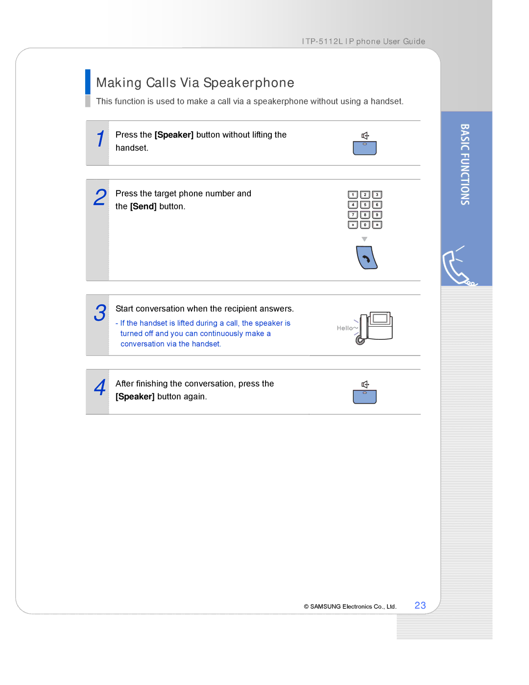 Samsung ITP-5112L manual Making Calls Via Speakerphone 