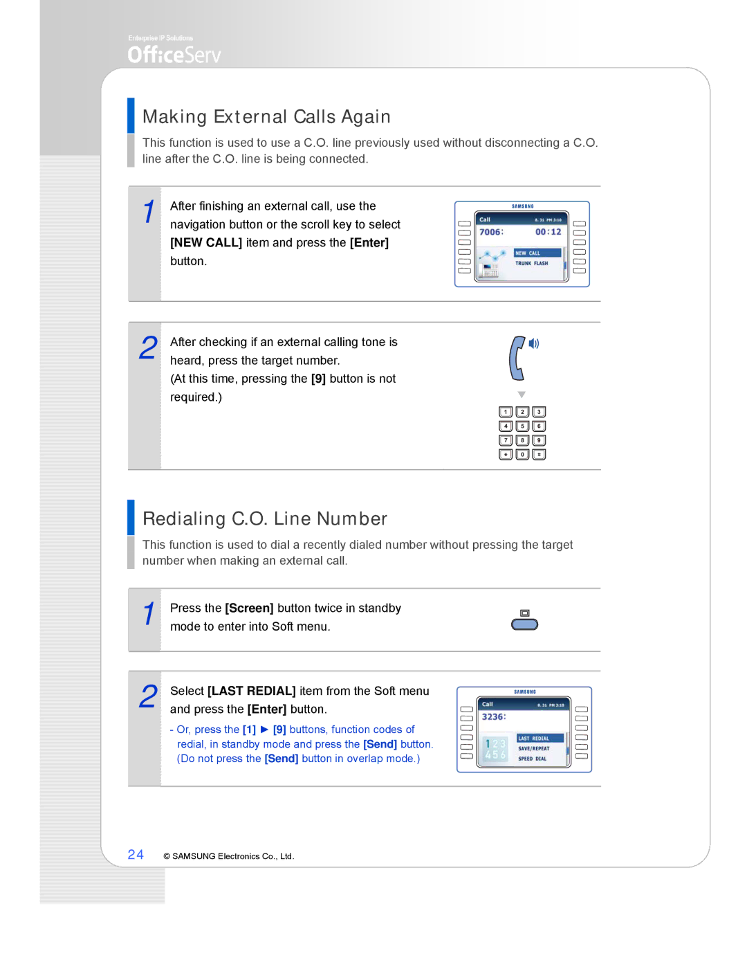 Samsung ITP-5112L manual Making External Calls Again, Redialing C.O. Line Number 