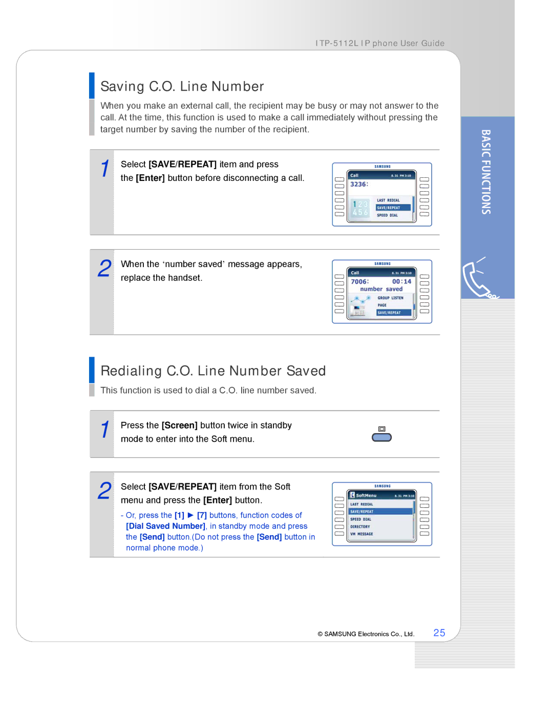 Samsung ITP-5112L manual Saving C.O. Line Number, Redialing C.O. Line Number Saved 