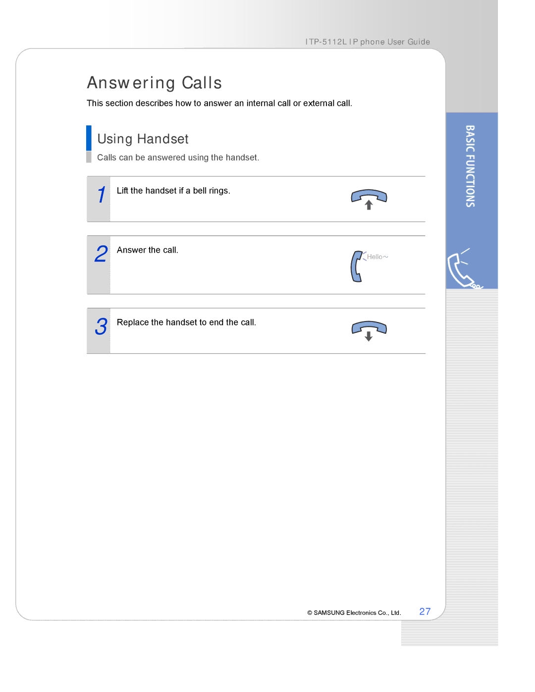 Samsung ITP-5112L manual Answering Calls, Using Handset 