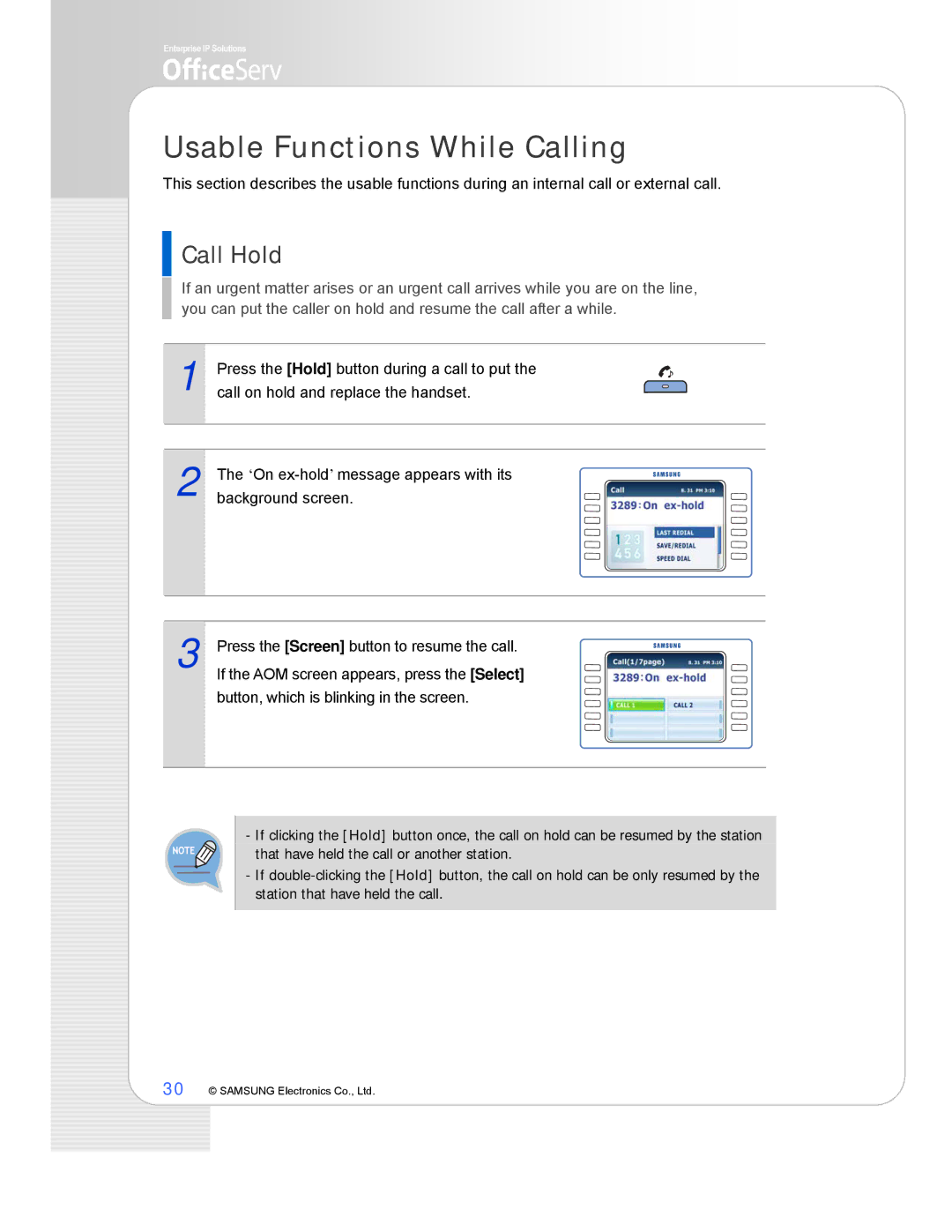 Samsung ITP-5112L manual Usable Functions While Calling, Call Hold 