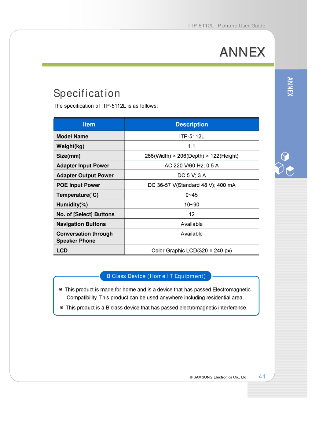 Samsung ITP-5112L manual Annex, Specification 