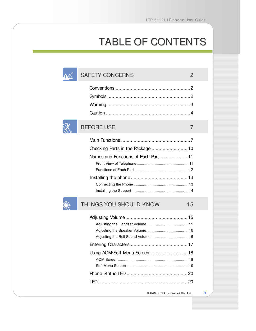 Samsung ITP-5112L manual Table of Contents 