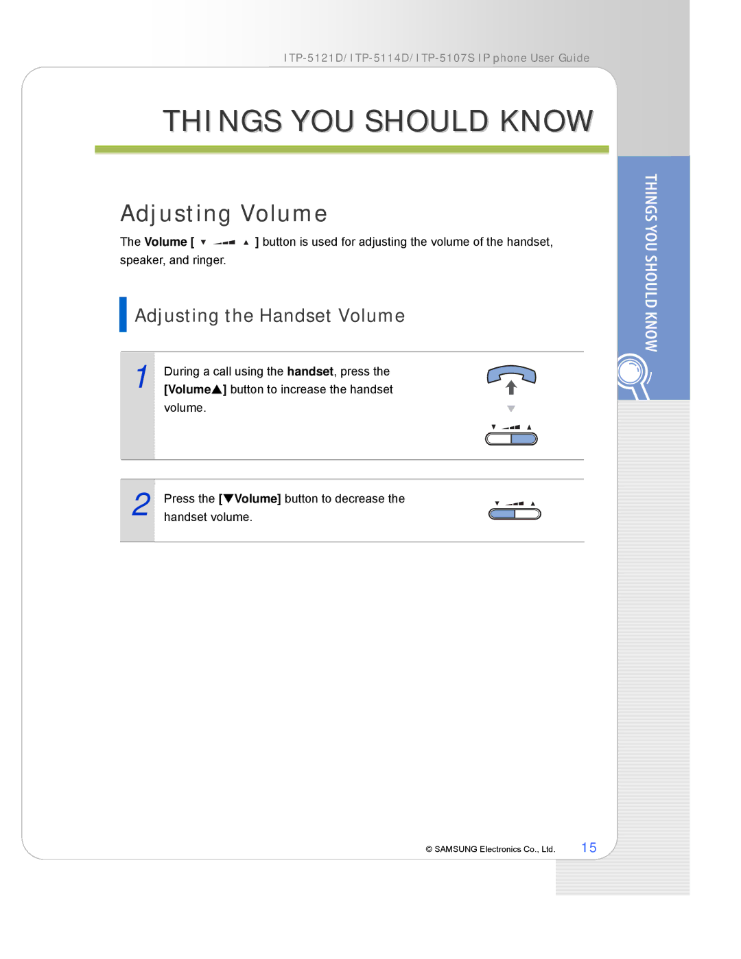 Samsung ITP-5121D, ITP-5107S, ITP-5114D manual Things YOU should Know, Adjusting Volume, Adjusting the Handset Volume 