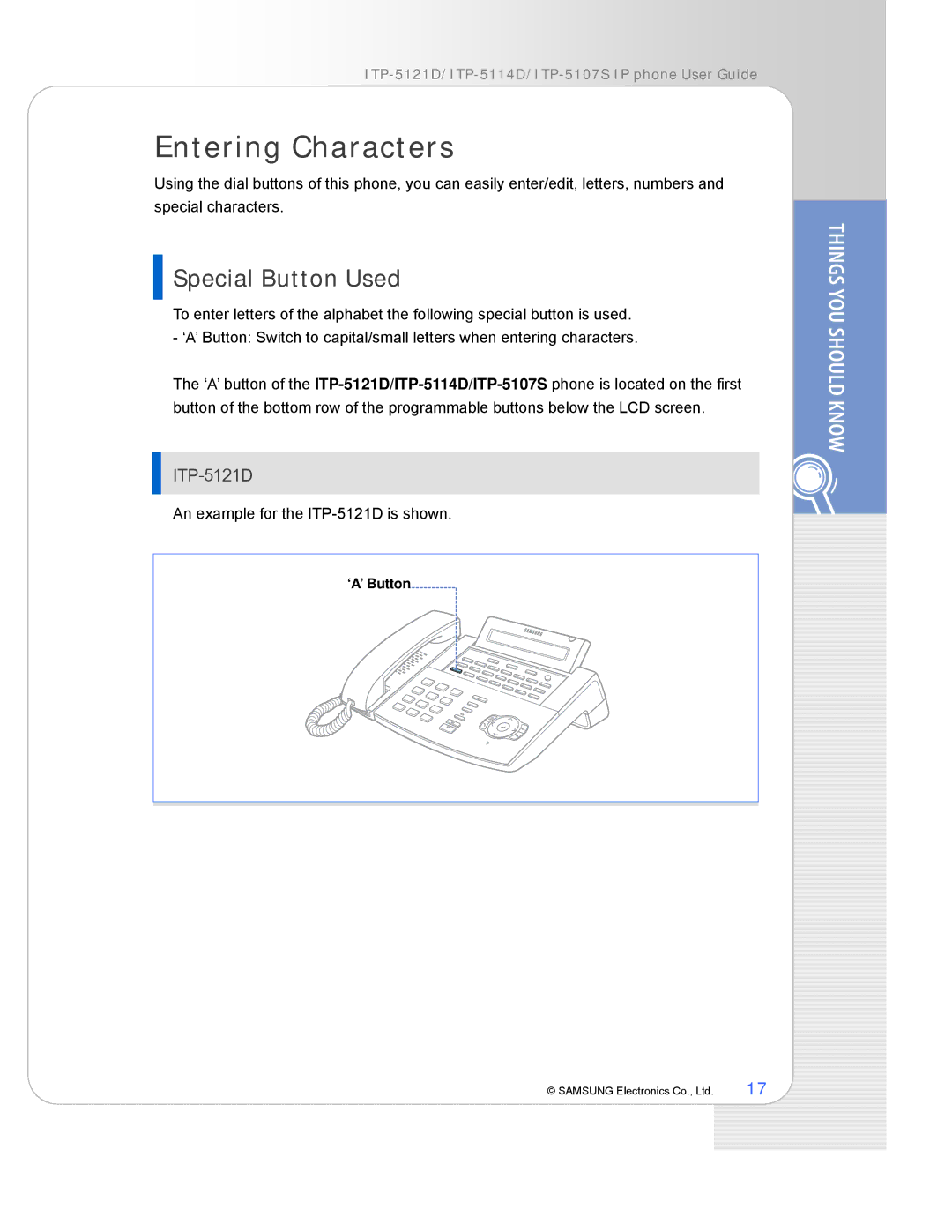 Samsung ITP-5114D, ITP-5121D, ITP-5107S manual Entering Characters, Special Button Used 