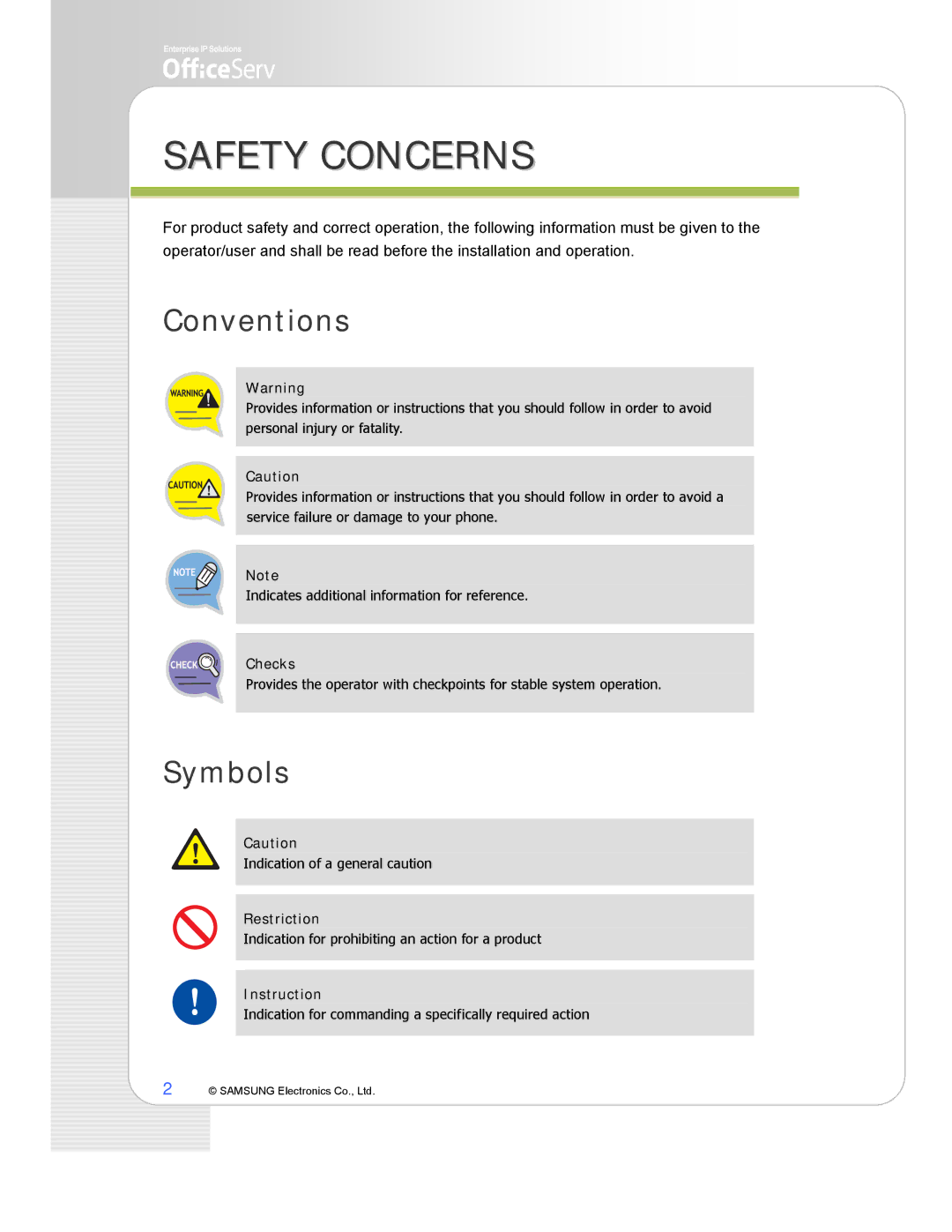 Samsung ITP-5114D, ITP-5121D, ITP-5107S manual Safety Concerns, Conventions, Symbols 