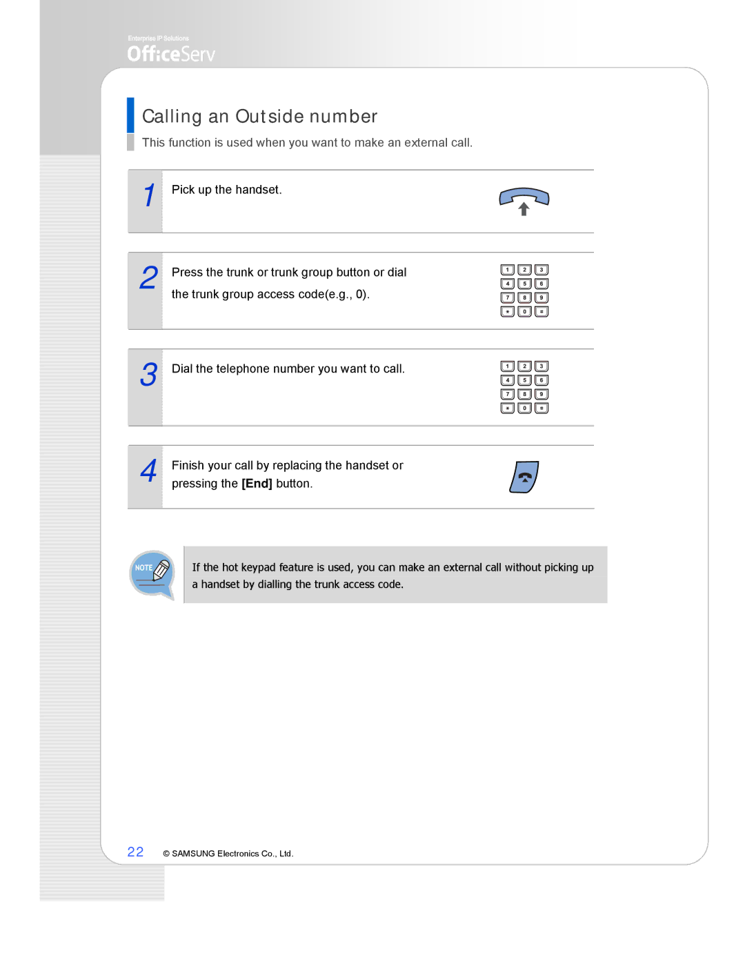 Samsung ITP-5107S, ITP-5121D, ITP-5114D manual Calling an Outside number 