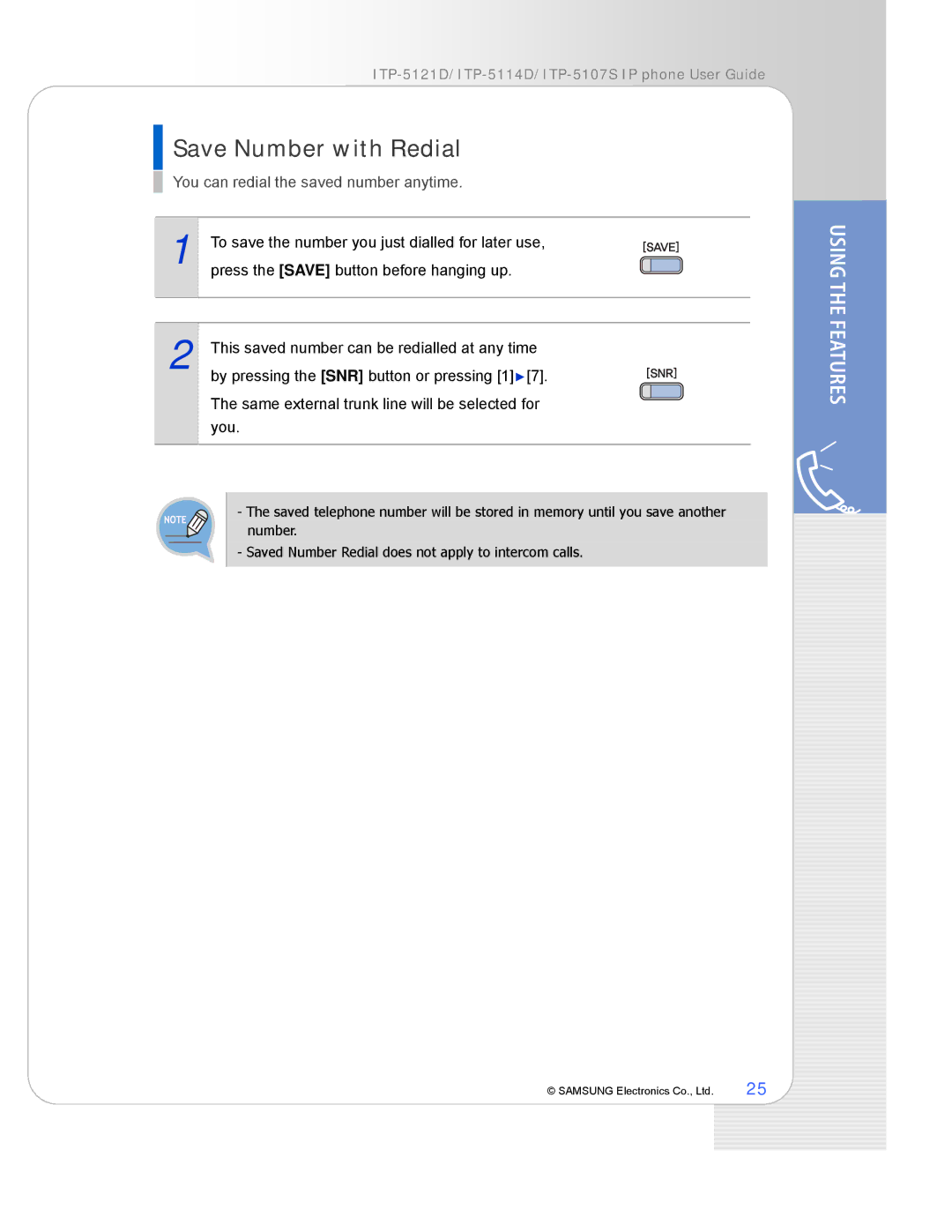 Samsung ITP-5107S, ITP-5121D, ITP-5114D manual Save Number with Redial, You can redial the saved number anytime 