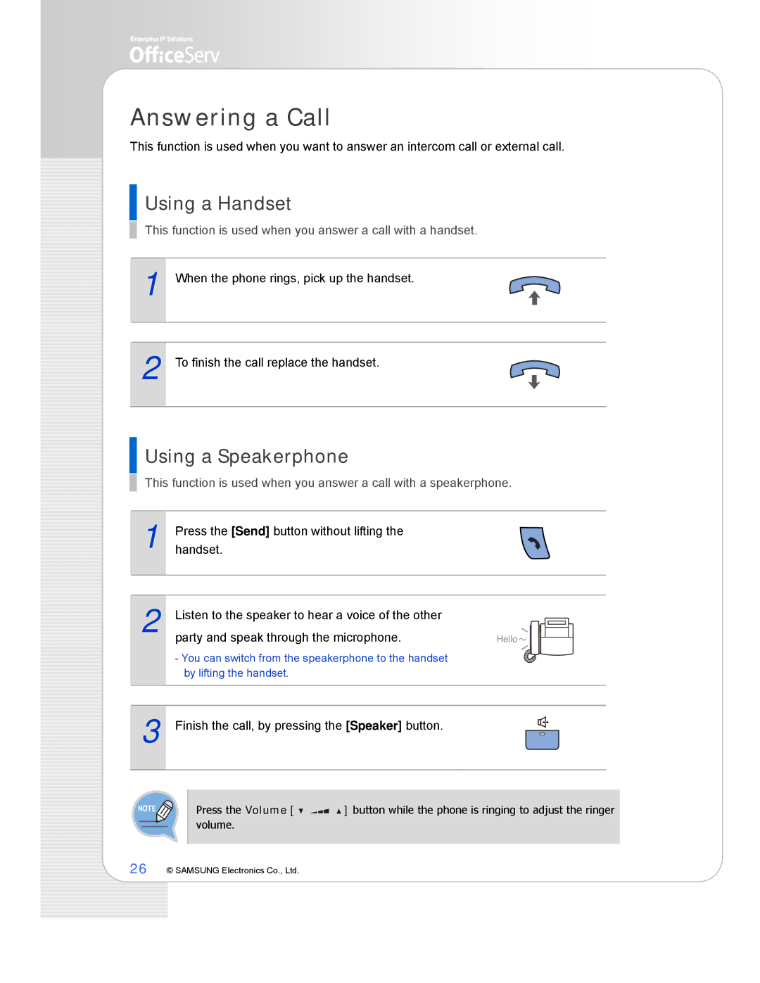 Samsung ITP-5114D, ITP-5121D, ITP-5107S manual Answering a Call, Using a Handset 