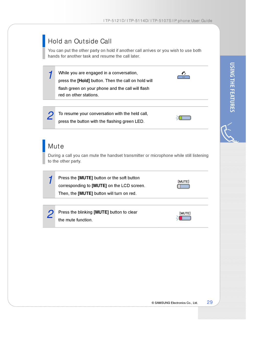 Samsung ITP-5114D, ITP-5121D, ITP-5107S manual Hold an Outside Call, Mute 