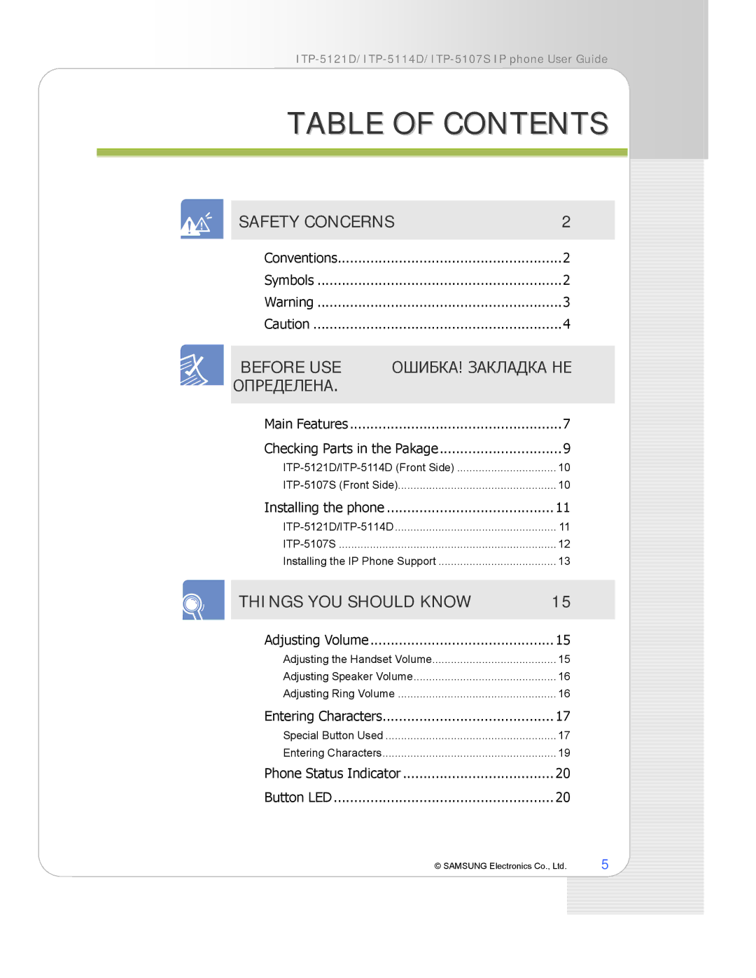 Samsung ITP-5114D, ITP-5121D, ITP-5107S manual Table of Contents 